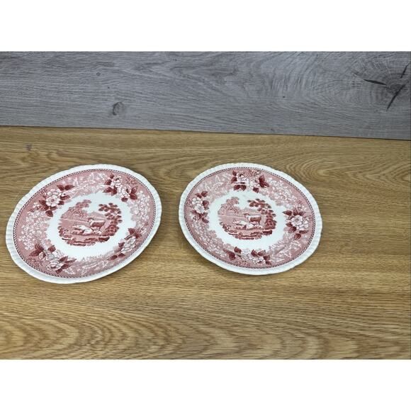 Staffordshire English Scenic 6” Bread Plate Older-Cream Adams England ~2 Pc - Picture 1 of 6